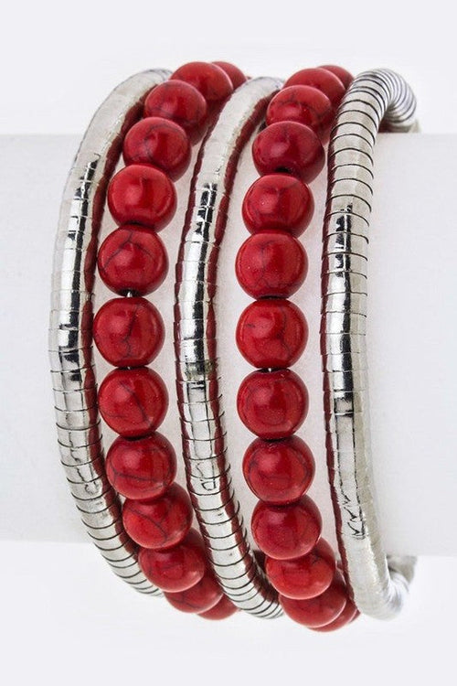 Layered Bead Wired Cuff Bracelet Boho Chic Silver Style
