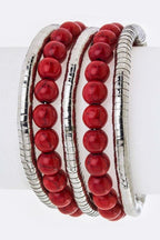 Layered Bead Wired Cuff Bracelet Boho Chic Silver Style