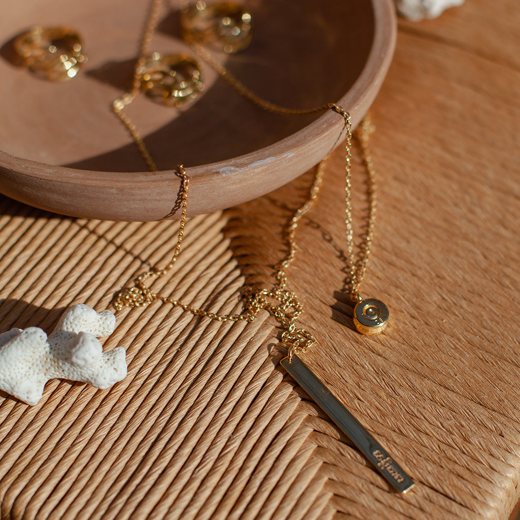 Layered Bullet Necklace Gold Plated Double Chain Recycled Brass Bar Khmer Peace BandsCo Straps