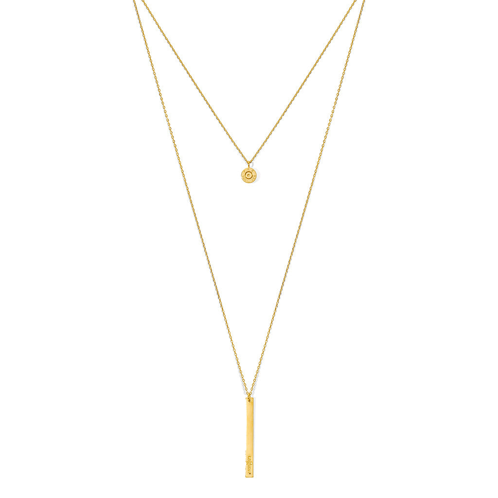 Layered Bullet Necklace Gold Plated Double Chain Recycled Brass Bar Khmer Peace BandsCo Straps