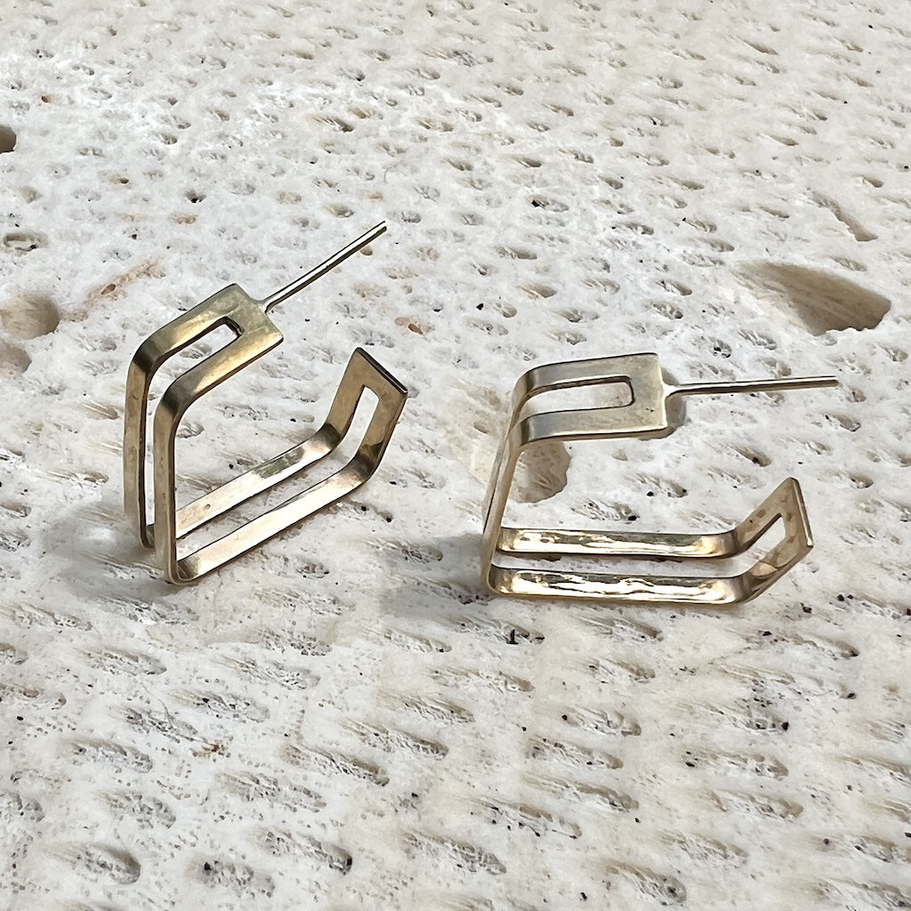 Layered Square Hoop Earrings Recycled Brass Double Layer Modern Geometric BandsCo Straps
