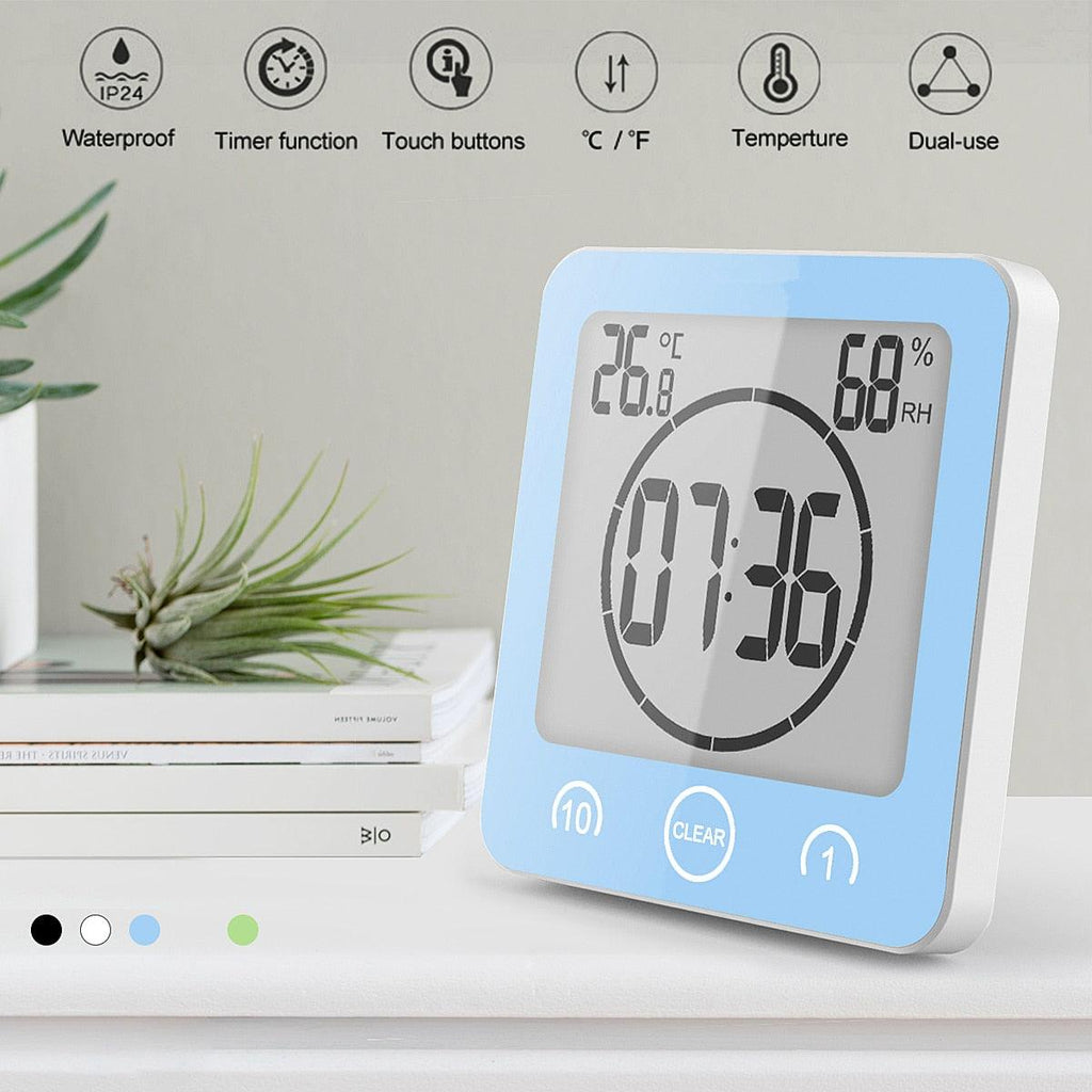 LCD Screen Waterproof Digital Bathroom Digital Bathroom Shower Kitchen Clock Timer with Alarm Waterproof for Water Splashes Visual Countdown Timer Time Management  Wall Clock Temperature Humidity Countdown Time Function Wash Shower Hanging Clocks Timer Stevvex