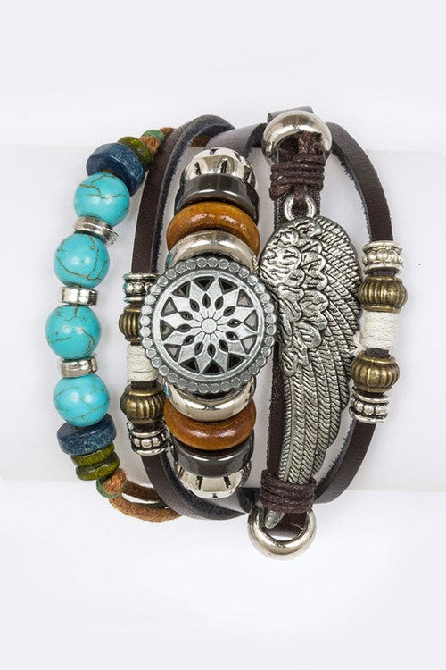 Leather Bracelet Set With Wing Charm Beads Boho Turquoise