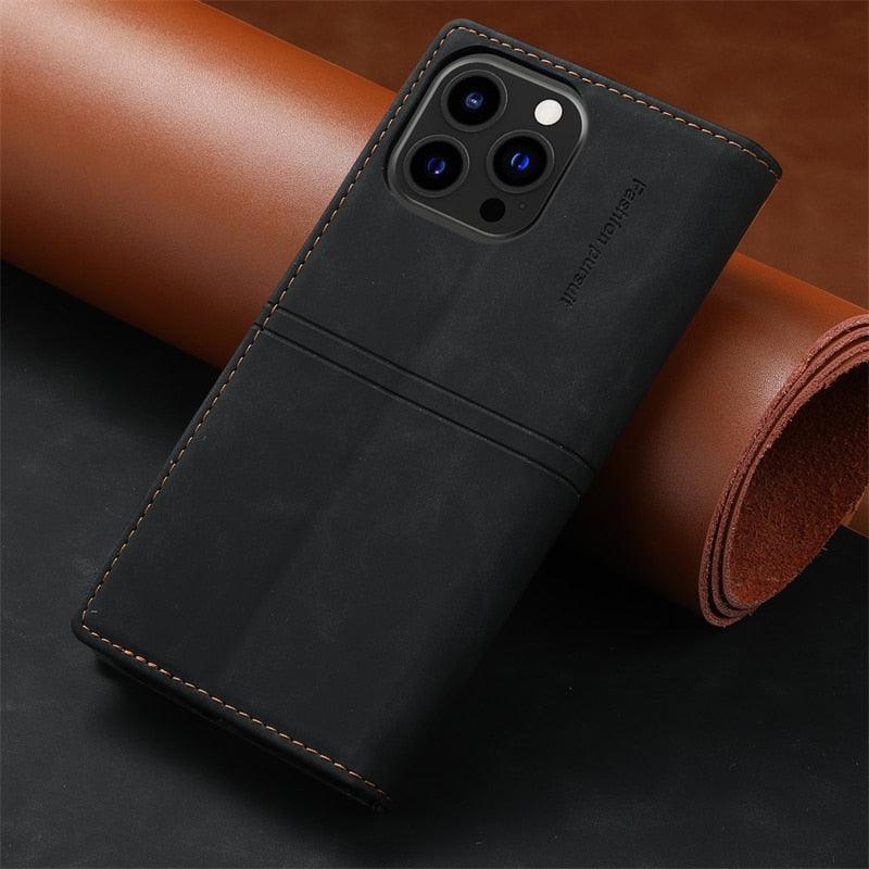 Leather Case Folding Flip Case with Kickstand Credit Card Slot Magnetic Closure Protective Case for iPhone Leather Case For iPhone 14 13 12 11 Pro Mini Flip Case Cover Stevvex