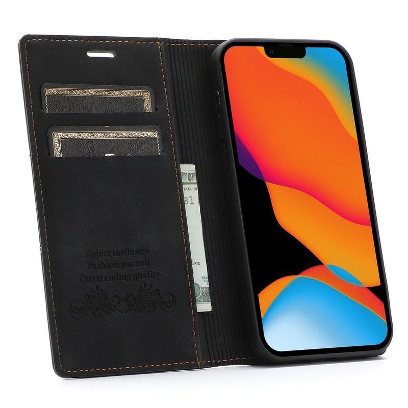 Leather Case Folding Flip Case with Kickstand Credit Card Slot Magnetic Closure Protective Case for iPhone Leather Case For iPhone 14 13 12 11 Pro Mini Flip Case Cover Stevvex