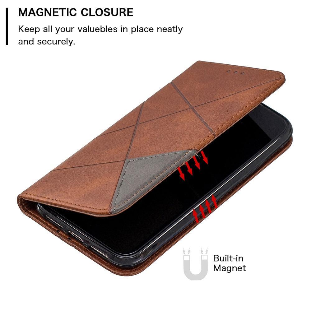 Leather Case For iPhone 11 12 13 14 Pro Max Mini XR XS Max X Flip Case Cover For iPhone SE Brown Leather Flip Case with Invisible Magnet and Card Slot Protective Case Stevvex