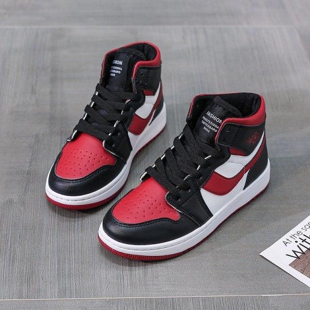 Leather Sports Running Shoes Red Breathable Anti Slip Vulcanized High Top Plate Shoes Lace-up Classic Shoes Girls Comfortable Men Casual Flats Sneakers Stevvex