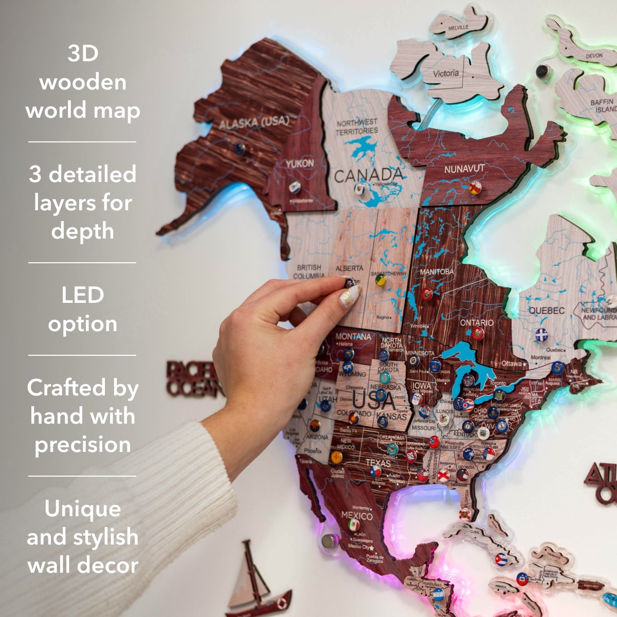 3D LUMINOUS LED Wooden World Map 2.0 Cappuccino Enjoy The Wood
