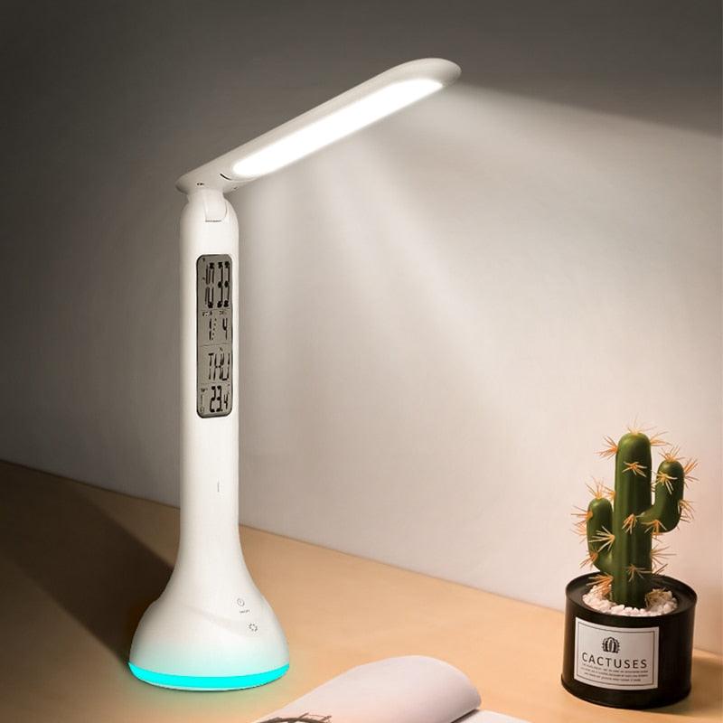 LED Desk Lamp Foldable Dimmable Touch Rechargeable Table Lamp with Calendar Temperature Alarm Clock Decorative Table Lamp Cute Study Lamps for Bedroom Décor Stevvex