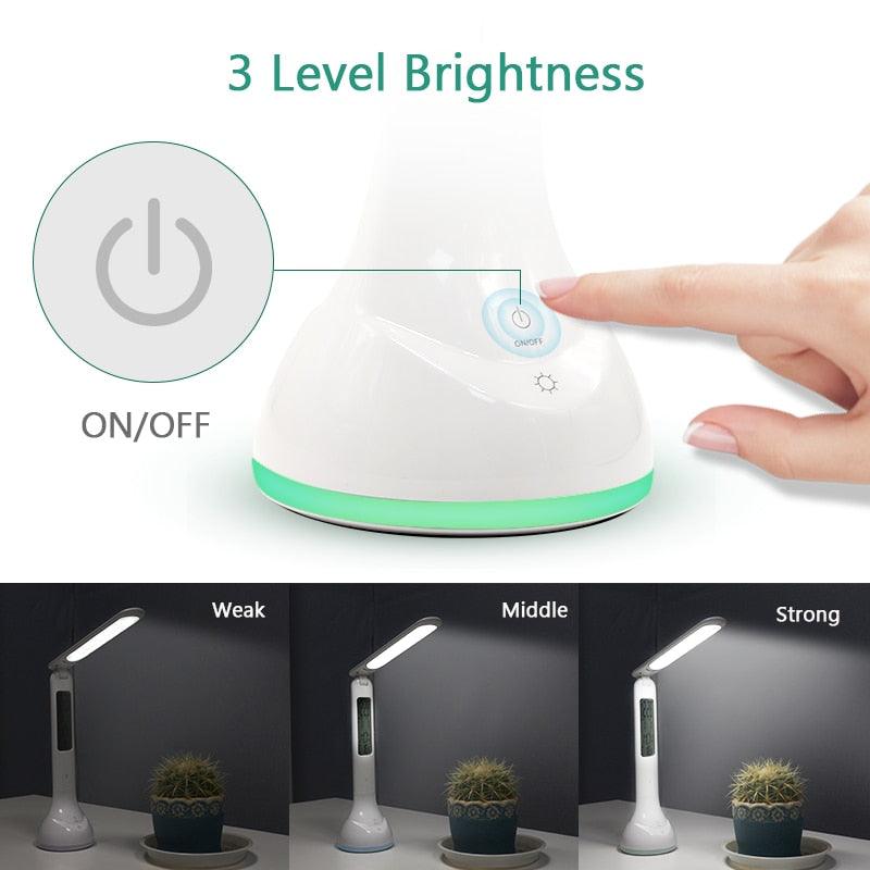 LED Desk Lamp Foldable Dimmable Touch Rechargeable Table Lamp with Calendar Temperature Alarm Clock Decorative Table Lamp Cute Study Lamps for Bedroom Décor Stevvex