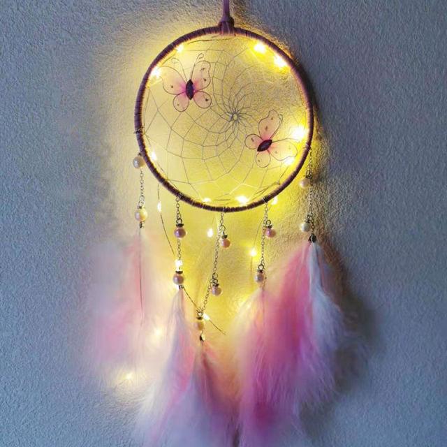 LED Dream Catcher Lamp Flying Wind Chimes Lighting Dream-catcher Handmade Ornaments Traditional Gifts Feather Pendant Romantic Creative Wall Hanging Home Wall Decoration Ornament Craft Native American Style Stevvex