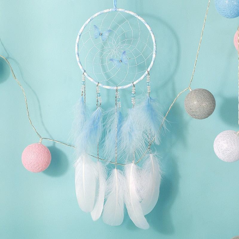 LED Dream Catcher Lamp Flying Wind Chimes Lighting Dream-catcher Handmade Ornaments Traditional Gifts Feather Pendant Romantic Creative Wall Hanging Home Wall Decoration Ornament Craft Native American Style Stevvex