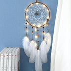 LED Dream Catcher Lamp Flying Wind Chimes Lighting Dream-catcher Handmade Ornaments Traditional Gifts Feather Pendant Romantic Creative Wall Hanging Home Wall Decoration Ornament Craft Native American Style Stevvex