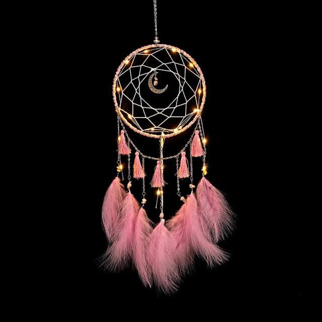 LED Dream Catcher Lamp Flying Wind Chimes Lighting Dream-catcher Handmade Ornaments Traditional Gifts Feather Pendant Romantic Creative Wall Hanging Home Wall Decoration Ornament Craft Native American Style Stevvex