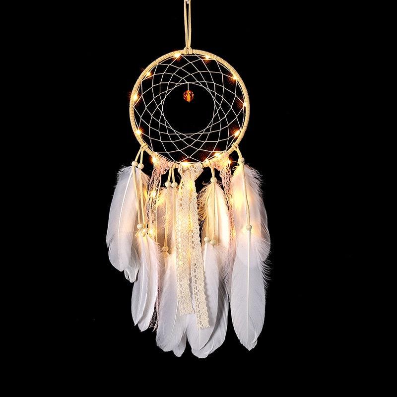 LED Dream Catcher Lamp Flying Wind Chimes Lighting Dream-catcher Handmade Ornaments Traditional Gifts Feather Pendant Romantic Creative Wall Hanging Home Wall Decoration Ornament Craft Native American Style Stevvex
