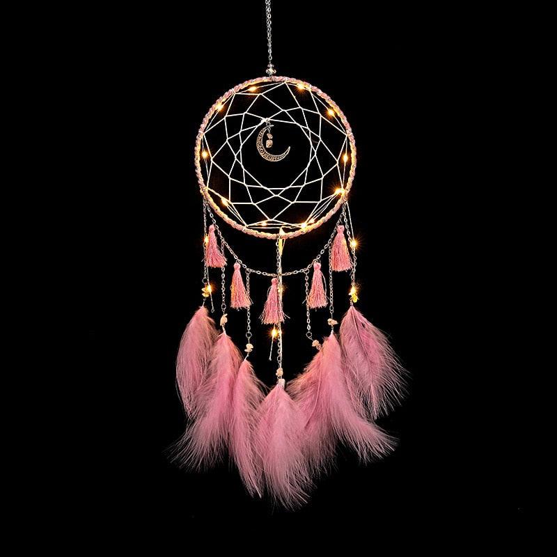 LED Dream Catcher Lamp Flying Wind Chimes Lighting Dream-catcher Handmade Ornaments Traditional Gifts Feather Pendant Romantic Creative Wall Hanging Home Wall Decoration Ornament Craft Native American Style Stevvex