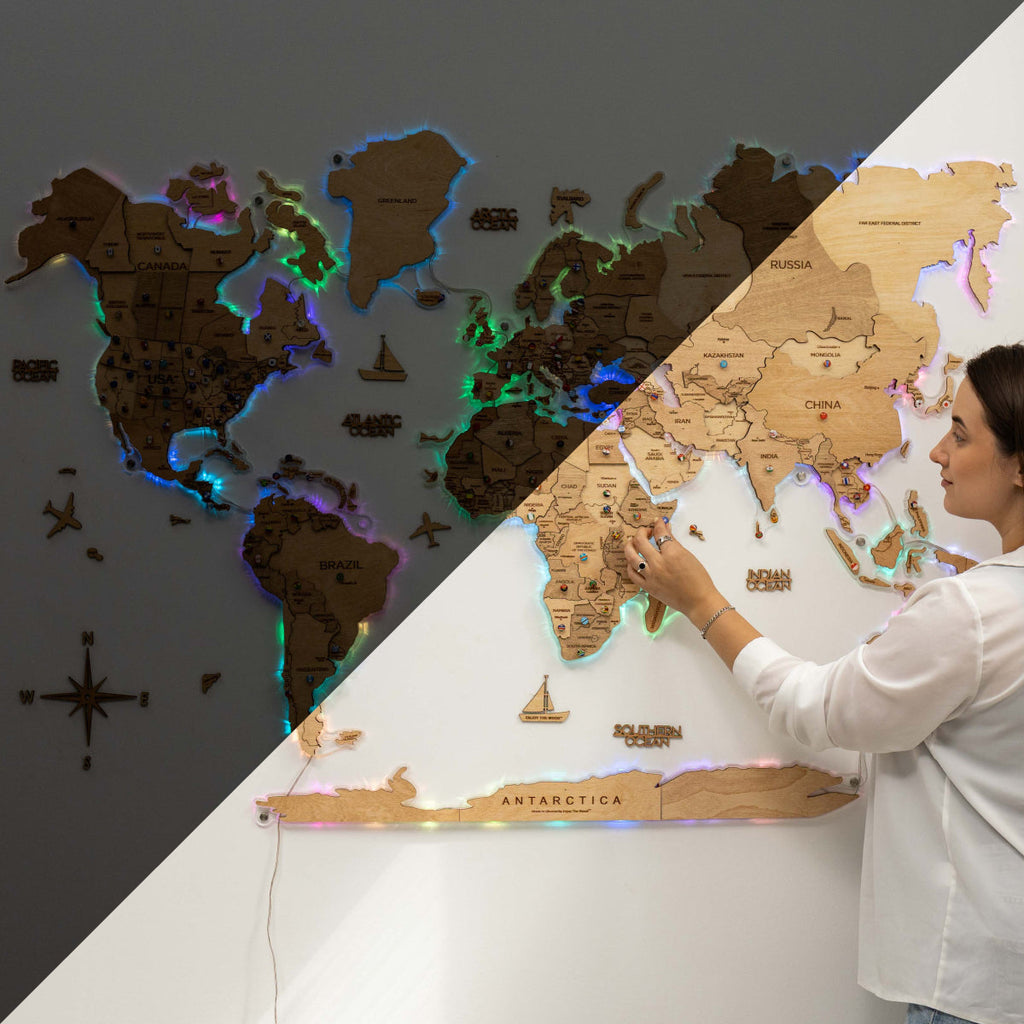 3D LED Wooden World Map 2.0 Gold - SJB-DIAMOND ELITES