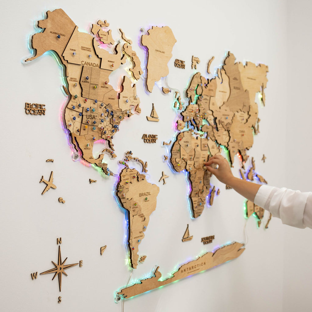 3D LED Wooden World Map 2.0 Gold - SJB-DIAMOND ELITES