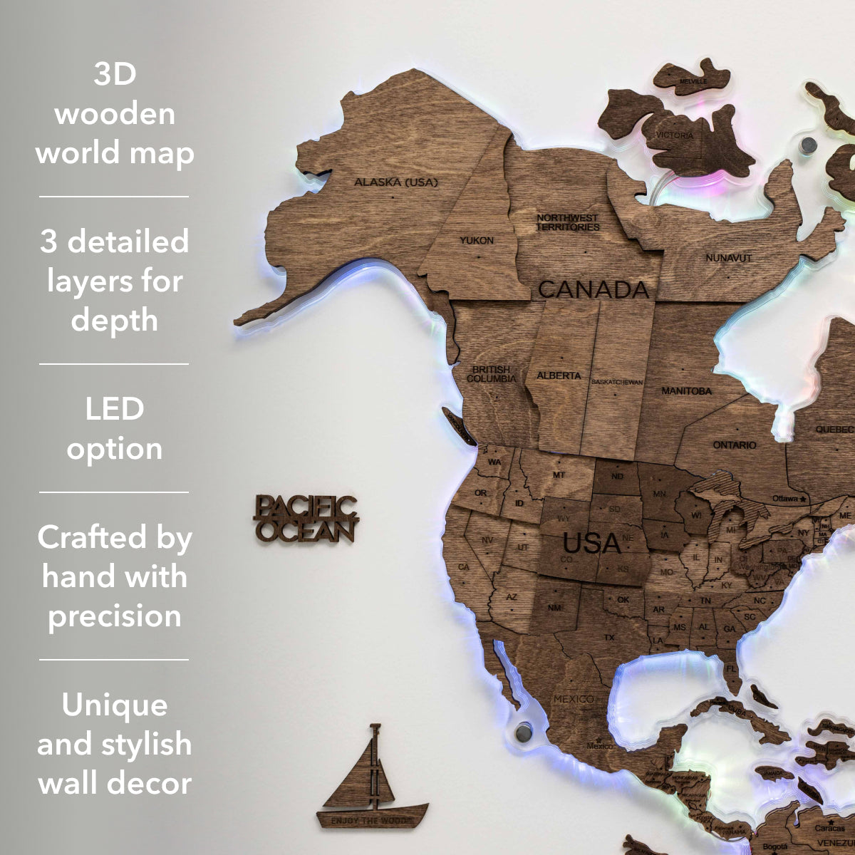 3D LED Wooden World Map 2.0 Dark Walnut - SJB-DIAMOND ELITES