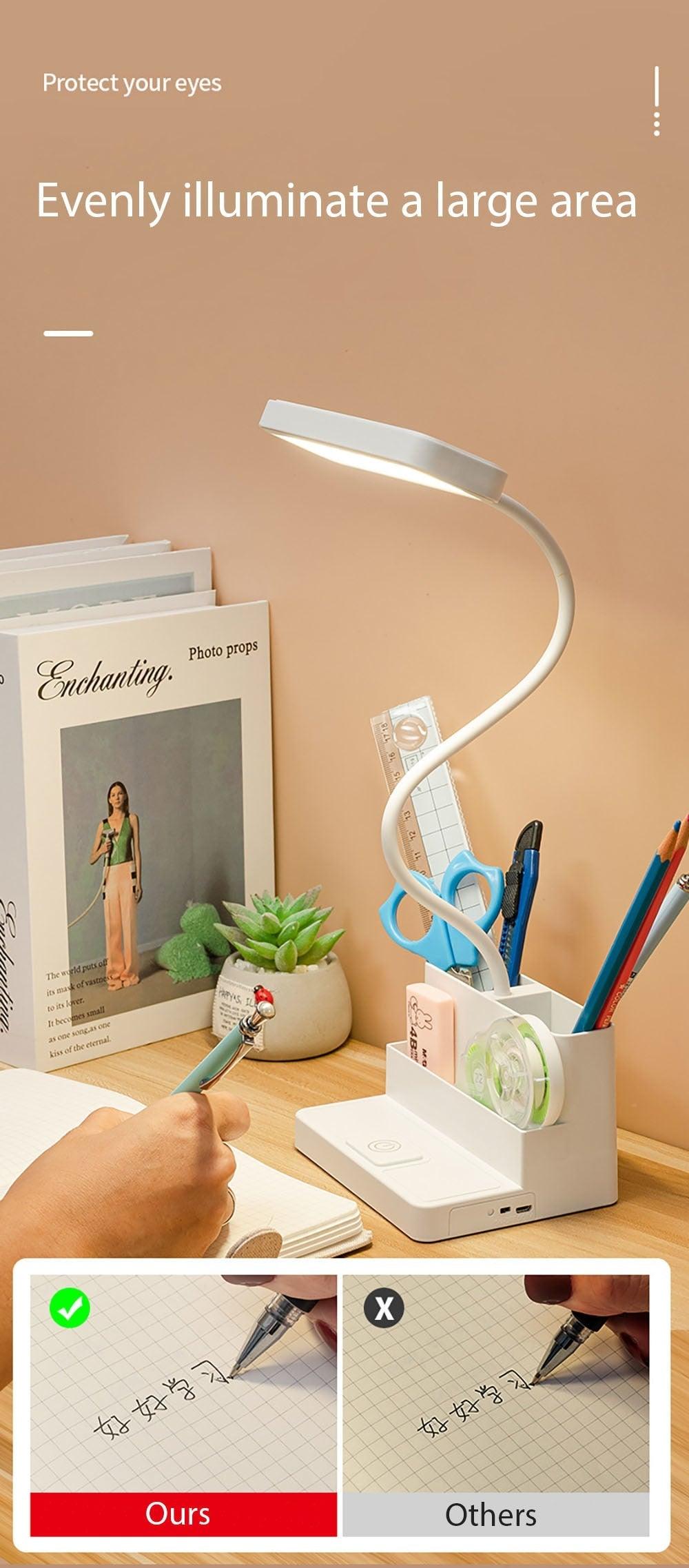 LED Table Lamp With Pen Storage Eye Protection Stepless Dimming Desk Lamp Study Children Smart LED Bedside Lamp Light Decorative Table Lamp Cute Study Lamps for Bedroom Décor Stevvex