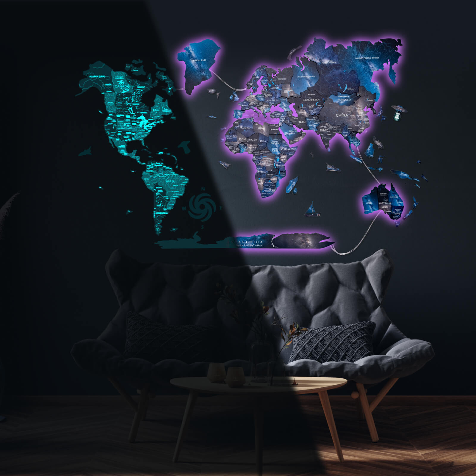 3D LED / LUMINOUS Wooden World Map 3.0 Space - SJB-DIAMOND ELITES