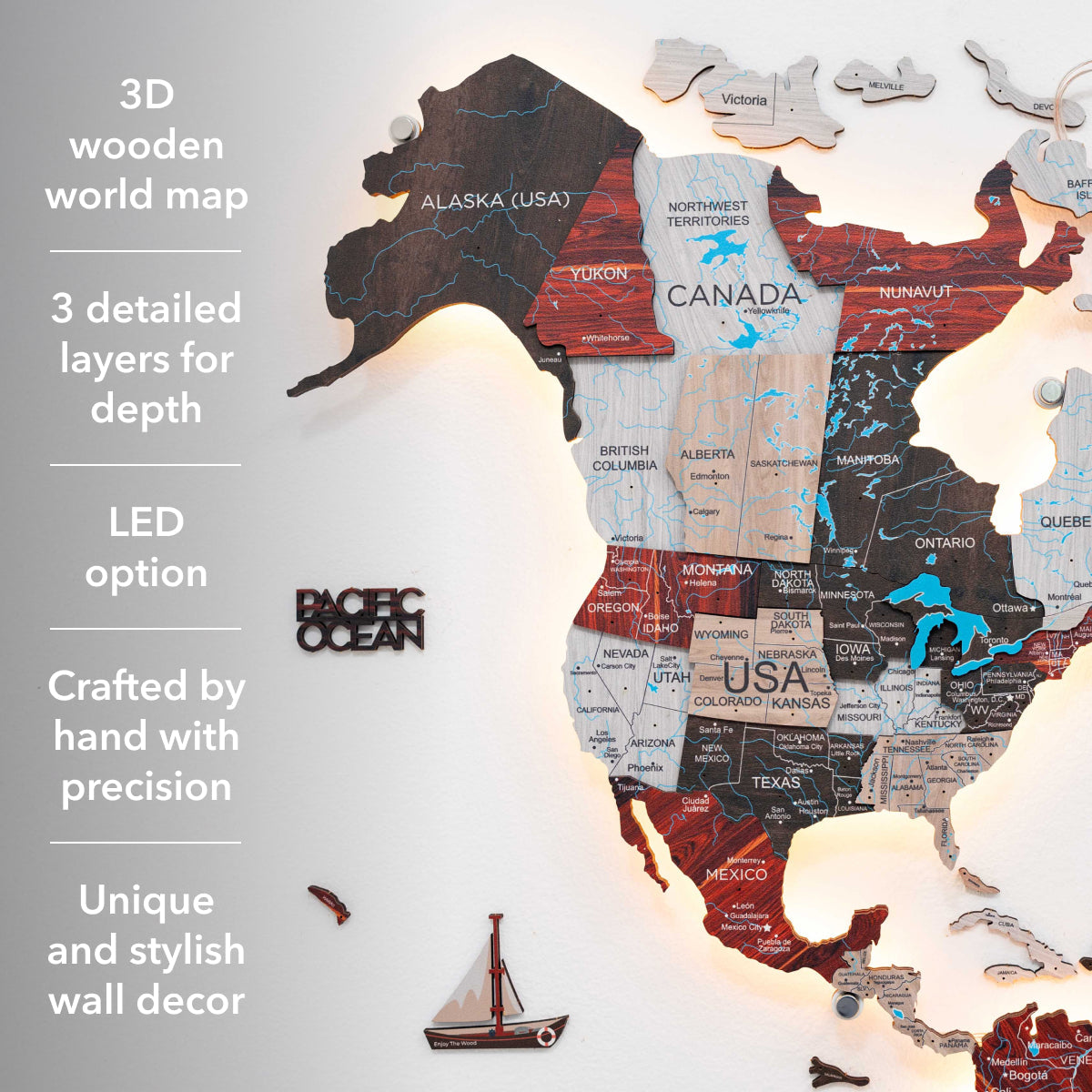 3D LED / LUMINOUS Wooden World Map 3.0 Urban - SJB-DIAMOND ELITES