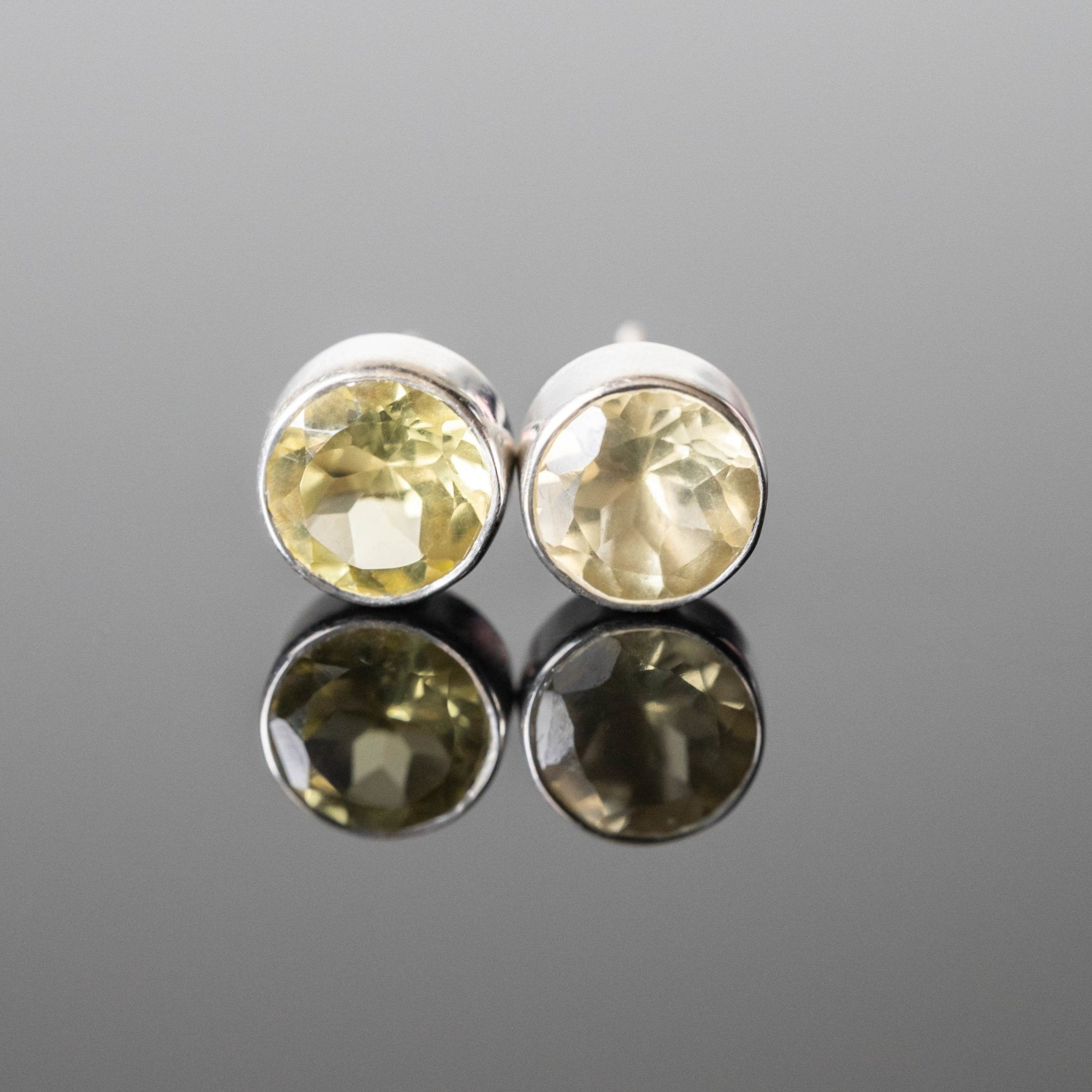 Lemon Quartz Round Stud Earrings Sterling Silver Post