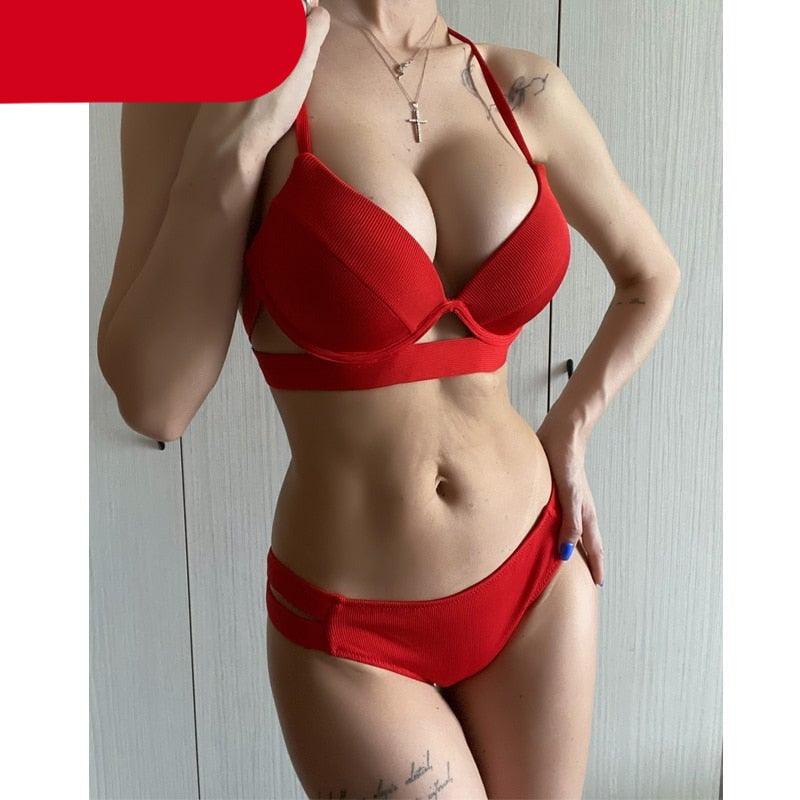 Leopard Bikinis Women Summer Swimsuit Strapless Bandage Bathing Suits Women's Halter Triangle Bikini Bottom Soft Two Piece Swimsuits Low Waist Push Up Bikini Set Swimwear Stevvex