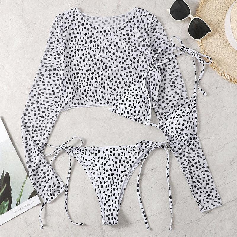 Leopard Print 3 Piece Set Long Sleeves Swimsuit 3 Piece Swimsuit Set Halter High Waist Bathing Suit With Long Sleeve Swimwear Cover Up Women's Swimming Bikini Low Waist Swimwear Women Bathing Suit Stevvex