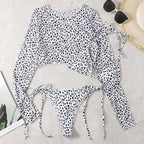 Leopard Print 3 Piece Set Long Sleeves Swimsuit 3 Piece Swimsuit Set Halter High Waist Bathing Suit With Long Sleeve Swimwear Cover Up Women's Swimming Bikini Low Waist Swimwear Women Bathing Suit Stevvex