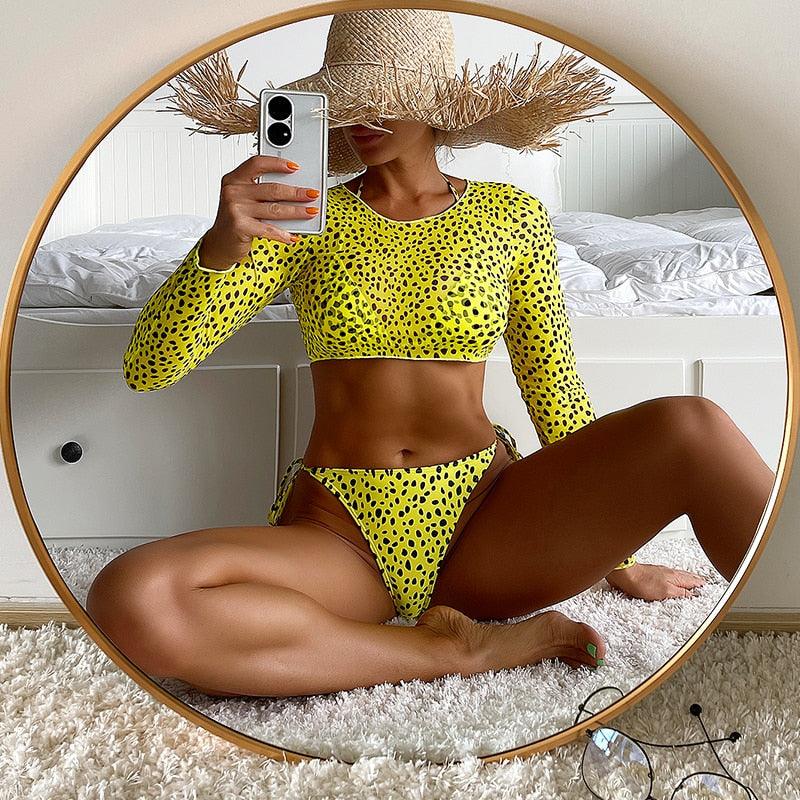 Leopard Print 3 Piece Set Long Sleeves Swimsuit 3 Piece Swimsuit Set Halter High Waist Bathing Suit With Long Sleeve Swimwear Cover Up Women's Swimming Bikini Low Waist Swimwear Women Bathing Suit Stevvex