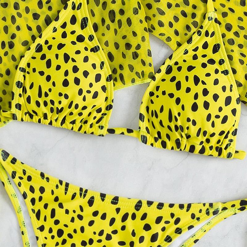 Leopard Print 3 Piece Set Long Sleeves Swimsuit 3 Piece Swimsuit Set Halter High Waist Bathing Suit With Long Sleeve Swimwear Cover Up Women's Swimming Bikini Low Waist Swimwear Women Bathing Suit Stevvex