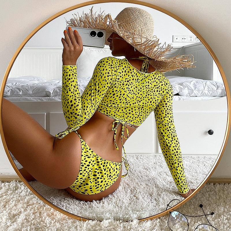Leopard Print 3 Piece Set Long Sleeves Swimsuit 3 Piece Swimsuit Set Halter High Waist Bathing Suit With Long Sleeve Swimwear Cover Up Women's Swimming Bikini Low Waist Swimwear Women Bathing Suit Stevvex