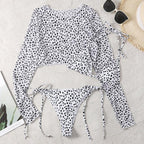 Leopard Print 3 Piece Set Long Sleeves Swimsuit 3 Piece Swimsuit Set Halter High Waist Bathing Suit With Long Sleeve Swimwear Cover Up Women's Swimming Bikini Low Waist Swimwear Women Bathing Suit Stevvex