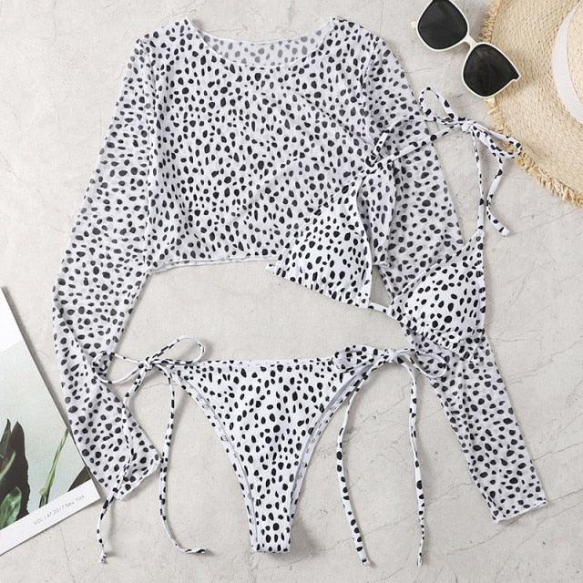 Leopard Print 3 Piece Set Long Sleeves Swimsuit 3 Piece Swimsuit Set Halter High Waist Bathing Suit With Long Sleeve Swimwear Cover Up Women's Swimming Bikini Low Waist Swimwear Women Bathing Suit Stevvex