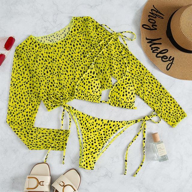 Leopard Print 3 Piece Set Long Sleeves Swimsuit 3 Piece Swimsuit Set Halter High Waist Bathing Suit With Long Sleeve Swimwear Cover Up Women's Swimming Bikini Low Waist Swimwear Women Bathing Suit Stevvex