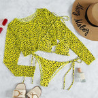 Leopard Print 3 Piece Set Long Sleeves Swimsuit 3 Piece Swimsuit Set Halter High Waist Bathing Suit With Long Sleeve Swimwear Cover Up Women's Swimming Bikini Low Waist Swimwear Women Bathing Suit Stevvex