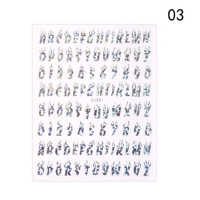 Letter 3D Decals Nail Art Stickers English Old Font Black Number Tattoo Nails Design Water Sliders Manicure Decoration 3D Nail Supplies Holographic Old English Character Nail Self-Adhesive Sticker English Font Design Manicure Decorations Accessories Stevvex