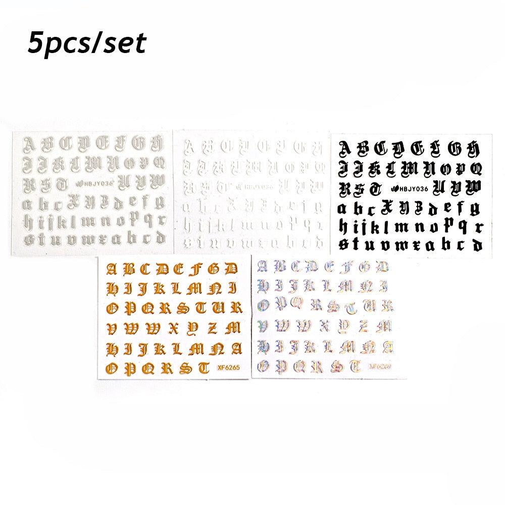 Letter 3D Decals Nail Art Stickers English Old Font Black Number Tattoo Nails Design Water Sliders Manicure Decoration 3D Nail Supplies Holographic Old English Character Nail Self-Adhesive Sticker English Font Design Manicure Decorations Accessories Stevvex