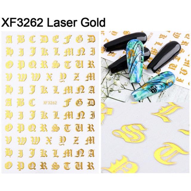Letter 3D Decals Nail Art Stickers English Old Font Black Number Tattoo Nails Design Water Sliders Manicure Decoration 3D Nail Supplies Holographic Old English Character Nail Self-Adhesive Sticker English Font Design Manicure Decorations Accessories Stevvex