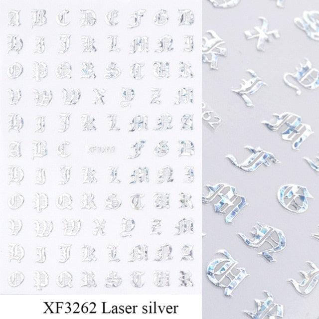 Letter 3D Decals Nail Art Stickers English Old Font Black Number Tattoo Nails Design Water Sliders Manicure Decoration 3D Nail Supplies Holographic Old English Character Nail Self-Adhesive Sticker English Font Design Manicure Decorations Accessories Stevvex