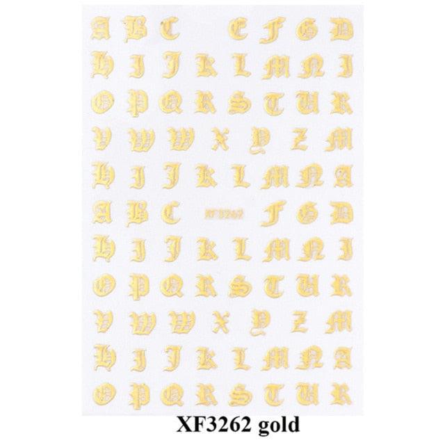 Letter 3D Decals Nail Art Stickers English Old Font Black Number Tattoo Nails Design Water Sliders Manicure Decoration 3D Nail Supplies Holographic Old English Character Nail Self-Adhesive Sticker English Font Design Manicure Decorations Accessories Stevvex