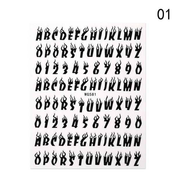 Letter 3D Decals Nail Art Stickers English Old Font Black Number Tattoo Nails Design Water Sliders Manicure Decoration 3D Nail Supplies Holographic Old English Character Nail Self-Adhesive Sticker English Font Design Manicure Decorations Accessories Stevvex
