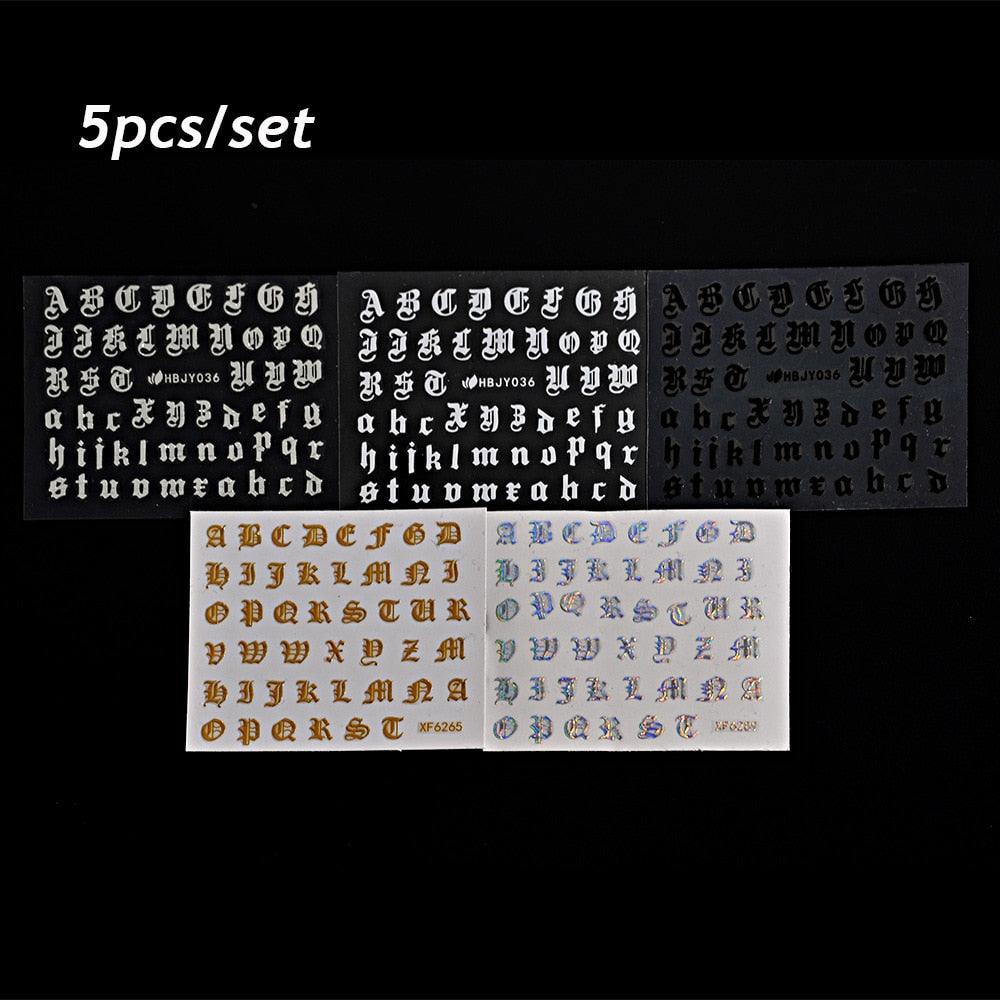 Letter 3D Decals Nail Art Stickers English Old Font Black Number Tattoo Nails Design Water Sliders Manicure Decoration 3D Nail Supplies Holographic Old English Character Nail Self-Adhesive Sticker English Font Design Manicure Decorations Accessories Stevvex