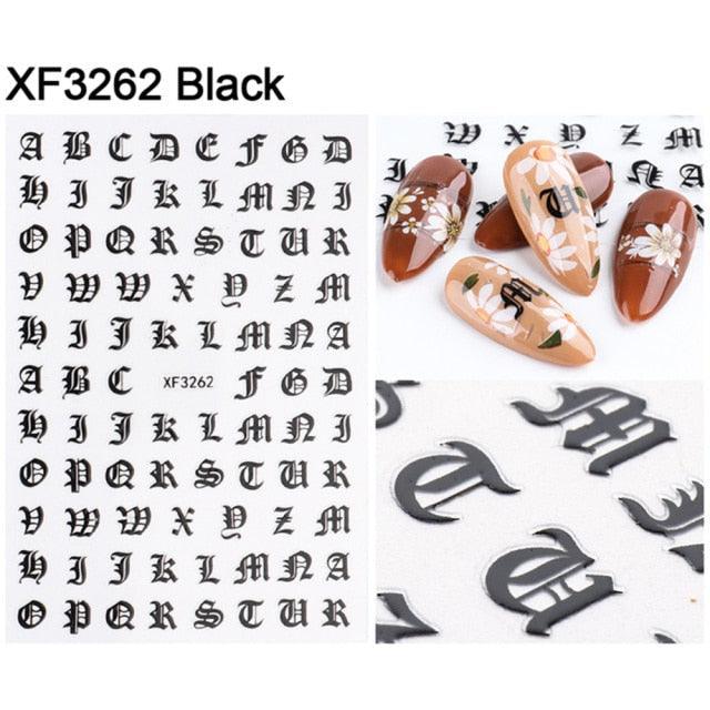 Letter 3D Decals Nail Art Stickers English Old Font Black Number Tattoo Nails Design Water Sliders Manicure Decoration 3D Nail Supplies Holographic Old English Character Nail Self-Adhesive Sticker English Font Design Manicure Decorations Accessories Stevvex