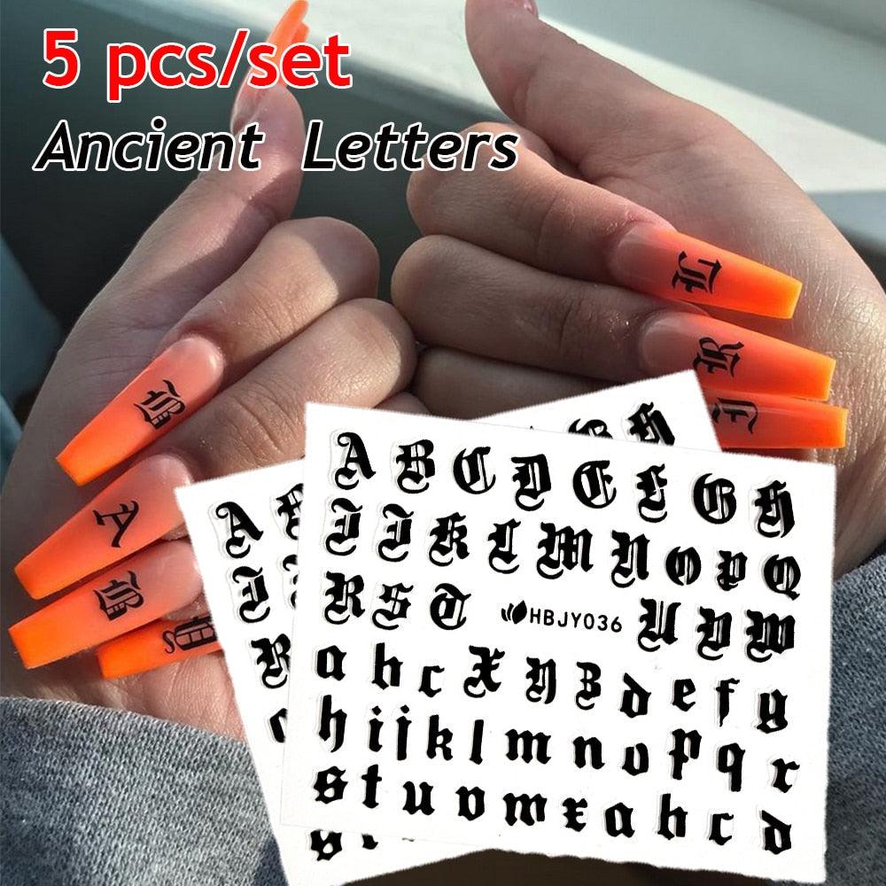 Letter 3D Decals Nail Art Stickers English Old Font Black Number Tattoo Nails Design Water Sliders Manicure Decoration 3D Nail Supplies Holographic Old English Character Nail Self-Adhesive Sticker English Font Design Manicure Decorations Accessories Stevvex