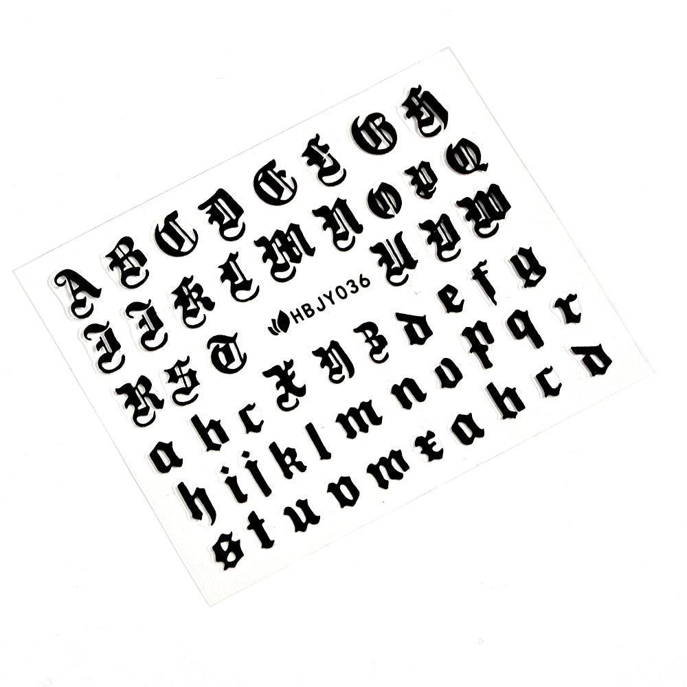 Letter 3D Decals Nail Art Stickers English Old Font Black Number Tattoo Nails Design Water Sliders Manicure Decoration 3D Nail Supplies Holographic Old English Character Nail Self-Adhesive Sticker English Font Design Manicure Decorations Accessories Stevvex