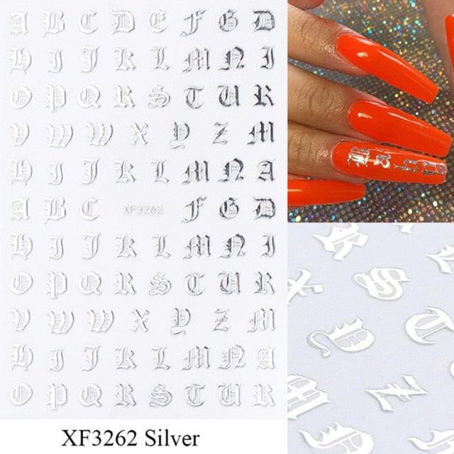 Letter 3D Decals Nail Art Stickers English Old Font Black Number Tattoo Nails Design Water Sliders Manicure Decoration 3D Nail Supplies Holographic Old English Character Nail Self-Adhesive Sticker English Font Design Manicure Decorations Accessories Stevvex
