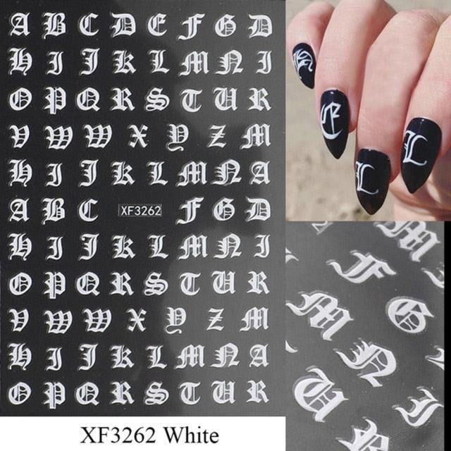Letter 3D Decals Nail Art Stickers English Old Font Black Number Tattoo Nails Design Water Sliders Manicure Decoration 3D Nail Supplies Holographic Old English Character Nail Self-Adhesive Sticker English Font Design Manicure Decorations Accessories Stevvex