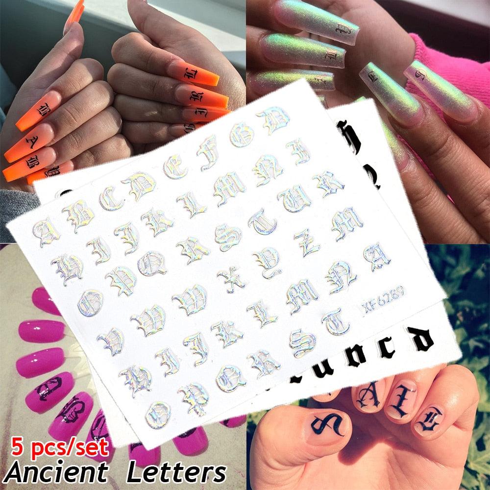 Letter 3D Decals Nail Art Stickers English Old Font Black Number Tattoo Nails Design Water Sliders Manicure Decoration 3D Nail Supplies Holographic Old English Character Nail Self-Adhesive Sticker English Font Design Manicure Decorations Accessories Stevvex